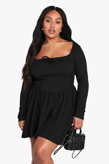 Black plus rib bow detail skater dress