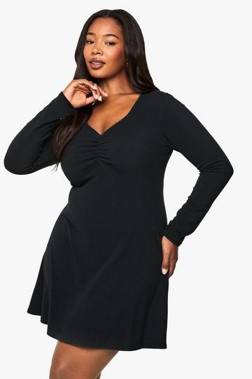 plus rib ROUCHED DETAIL MINI SKATER DRESS black