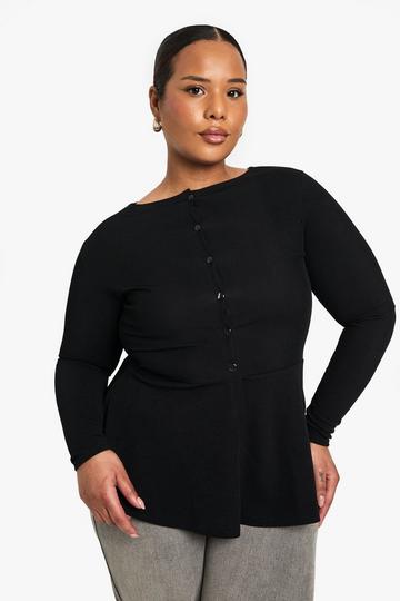 plus rib button down peplum top black