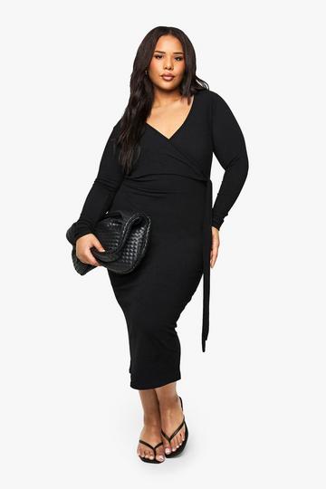 plus rib wrap midi dress black