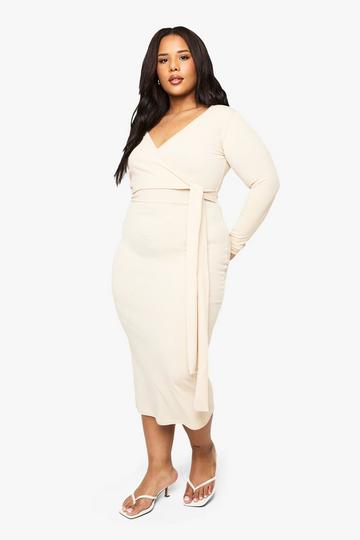 plus rib wrap midi dress stone