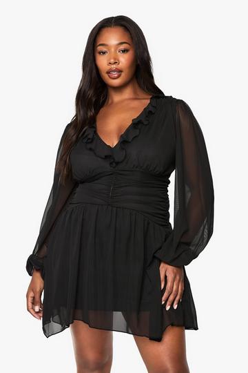 plus mesh ruffle skater dress black