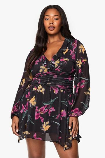 plus floral print mesh ruffle skater dress black