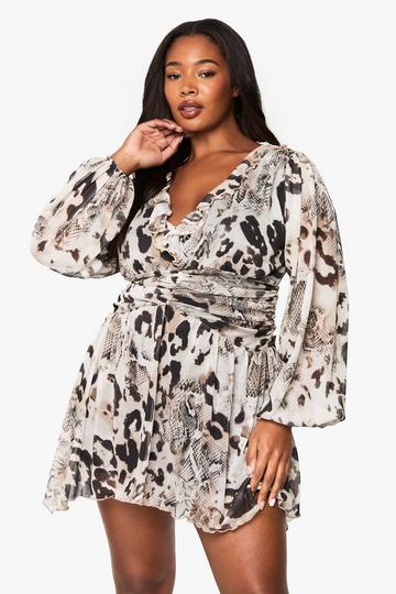 plus animal print mesh ruffle skater dress stone