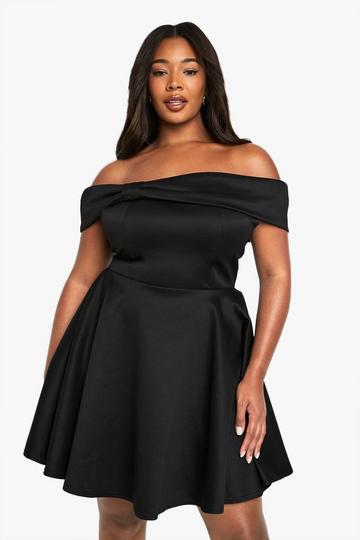 plus structured bardot volume skater dress black