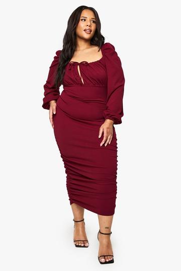 plus blouson sleeve rouched midi dress berry