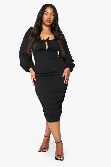 plus blouson sleeve rouched midi dress black