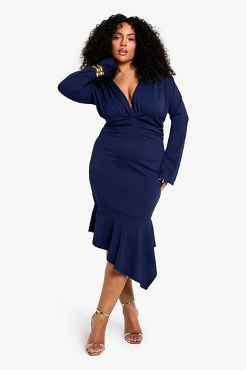 plus asymmetric plunge midi dress navy