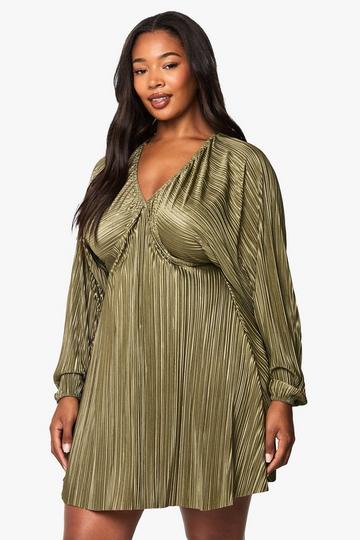 Olive Green plus plisse blouson sleeve smock dress