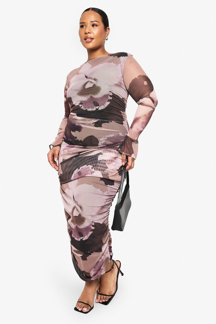plus abstract print mesh flare sleeve midaxi dress | boohoo USA plus abstract print mesh flare sleeve midaxi dress | boohoo USA