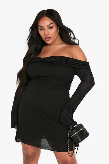 plus twist detail rouched skater dress black