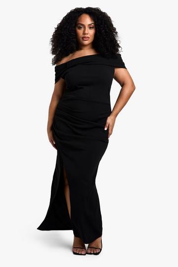 Black plus bow bardot rouched wrap maxi dress