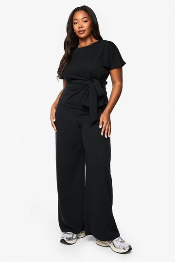 PLUS KNITTED WIDE LEG TROUSERS black