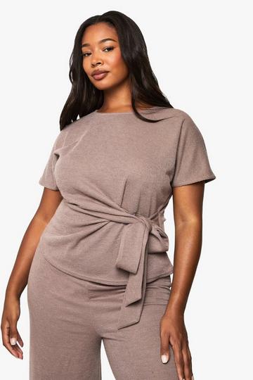 PLUS KNITTED DRAPE DETAIL SHORT SLEEVE TOP mocha