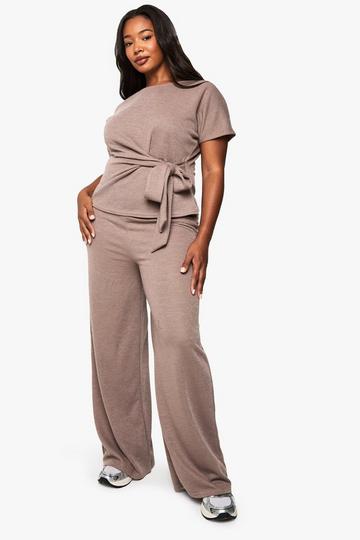 PLUS KNITTED WIDE LEG TROUSERS mocha