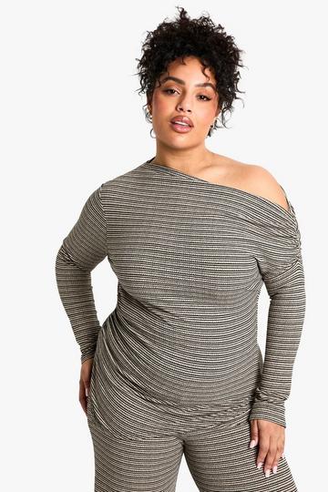 PLUS STRIPE SLASH NECK LONG SLEEVE TOP black