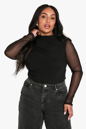 PLUS RUCHED LONG SLEEVE MESH BODYSUIT black