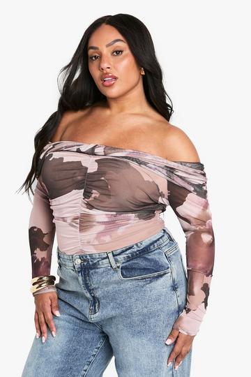 PLUS BARDOT RUCHED DETAIL LONG SLEEVE BODYSUIT multi