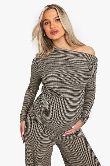 Maternity Rib Stripe Ruched Asymmetric Top black