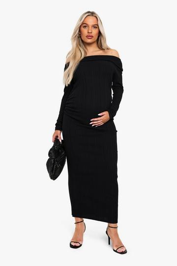 Maternity Rib Bardot Ruched Midaxi black