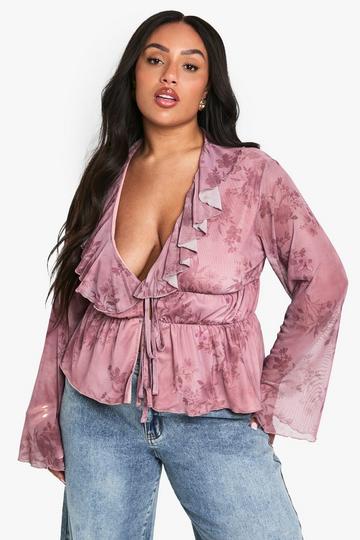 PLUS RUFFLE TIE DETAIL FLARED SLEEVE TOP pink