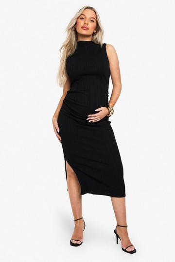 Zwangerschap Geribbelde Geplooide Bodycon Jurk Met Geplooide Hals black