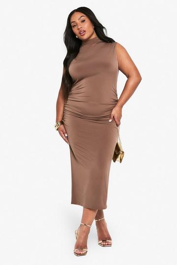 PLUS ONE SHOULDER RUCHED DETAIL MAXI DRESS mocha