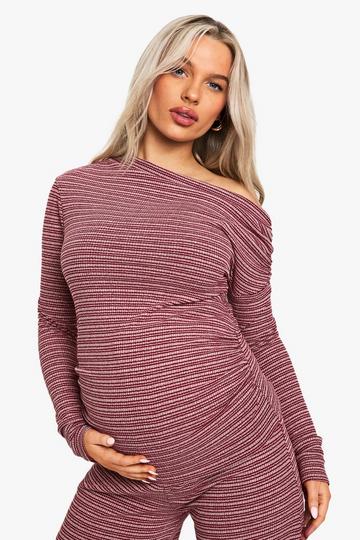 Maternity Rib Stripe Ruched Asymmetric Top red