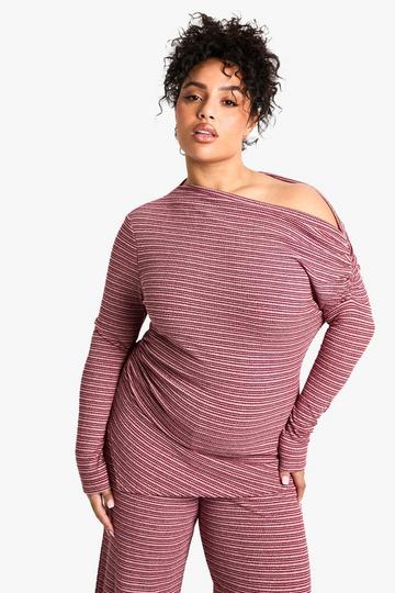 Red PLUS STRIPE SLASH NECK LONG SLEEVE TOP