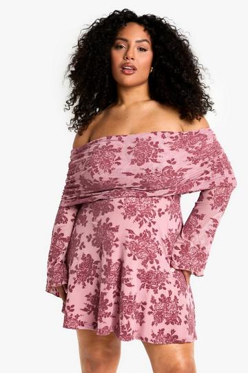 PLUS DEVORE BARDOT FLARE SLEEVE MINI DRESS mauve