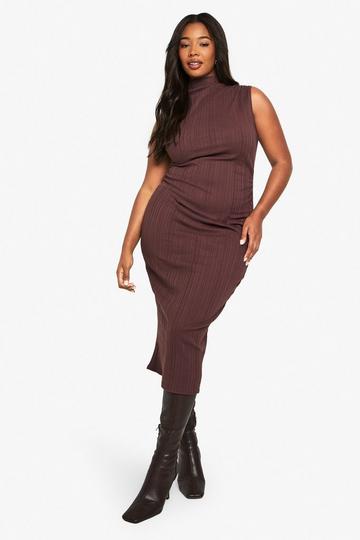 PLUS SLEEVELESS HIGH NECK MIDI DRESS chocolate