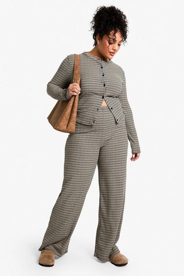 Black Plus Rib Tie Waist Stripe Trousers