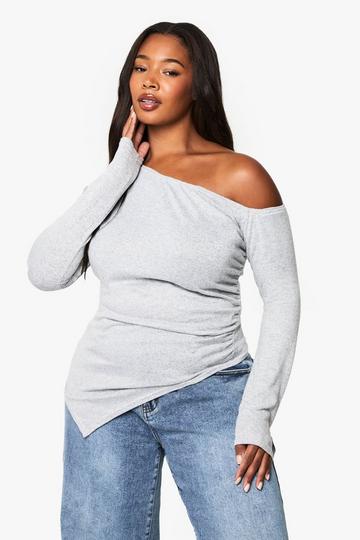 Plus Zachte Geribbelde Geplooide Top grey