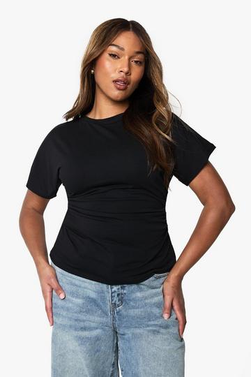 Plus Katoenen Top Met Korte Mouwen En Geplooide Taille black