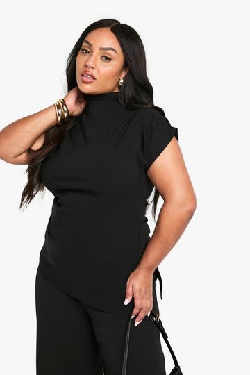 Black Plus Ruched Shoulder Asymmetric Hem Top