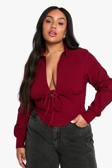 Plus Tie Front Plunge Shirt cherry