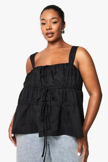 Plus Gesmokte Top Met Brede Bandjes En Strik black