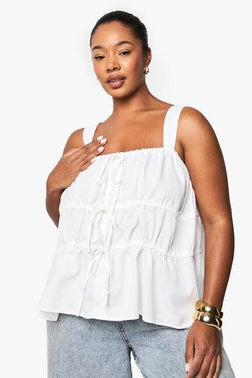 Plus Wide Strap Tie Front Smock Top white