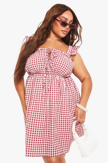 Plus Gingham Tie Front Frill Shoulder Skater Dress red