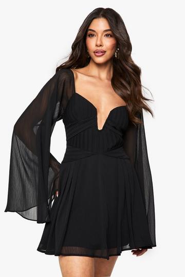 Chiffon Pleated Long Sleeve Mini Dress black