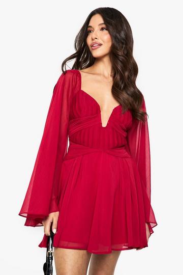 Chiffon Pleated Long Sleeve Mini Dress red