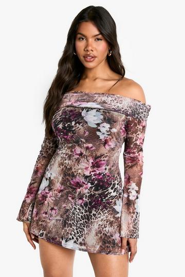 Printed Mesh Deep Bardot Mini Dress brown