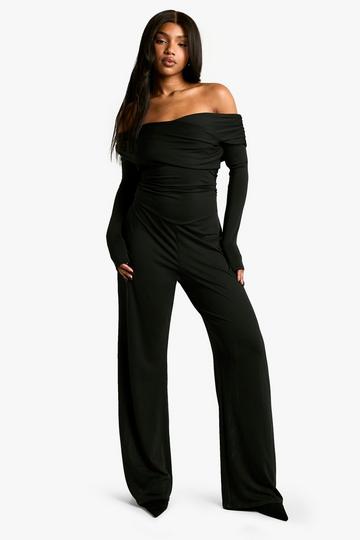 Zachte Gedraaide Off Shoulder Wide Leg Jumpsuit black