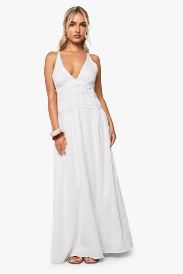 Plunge Strappy Shirred Waist Maxi Dress white