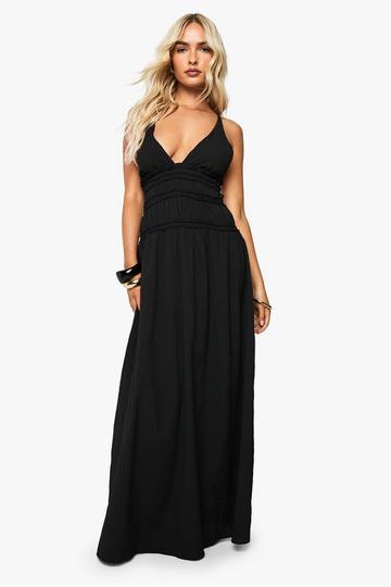 Plunge Strappy Shirred Waist Maxi Dress black