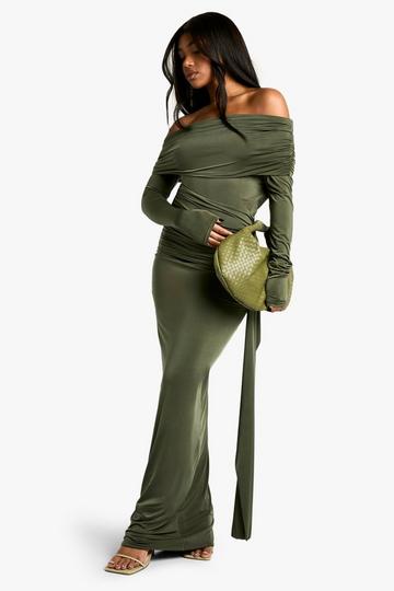 Asymmetric Ruched Long Sleeve Maxi Dress green