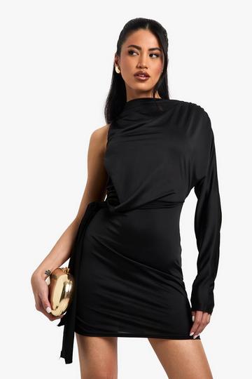 Slinky One Shoulder Knot Detail Mini Dress black