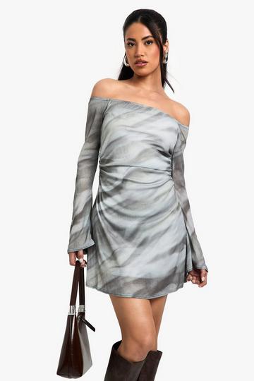 Grey Printed Bardot Ruched Mini Dress