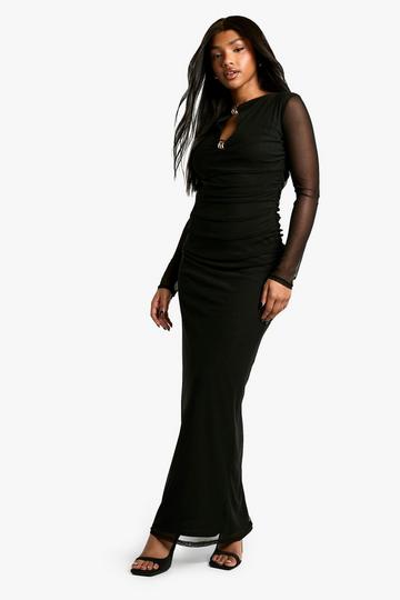 Black Mesh Keyhole Long Sleeve Maxi Dress