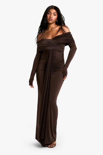 Ruched Bardot Long Sleeve Maxi Dress chocolate